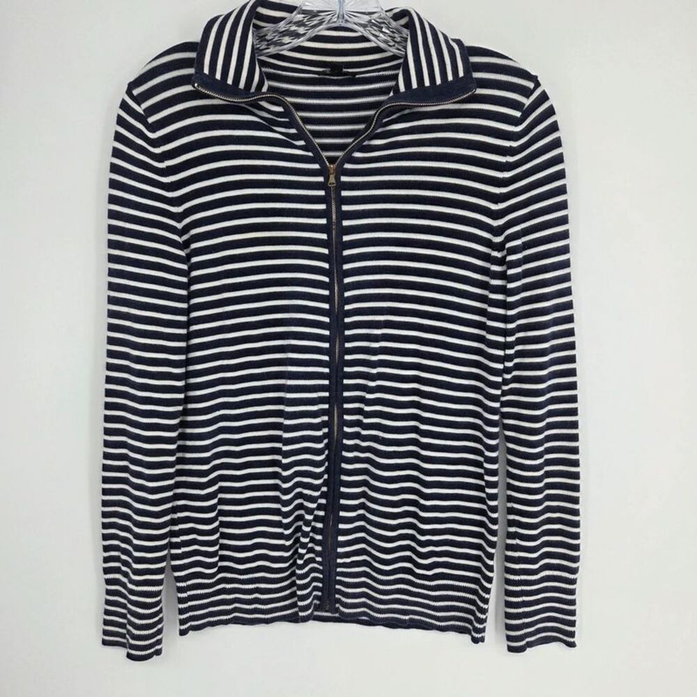 Talbots Striped Full-Zip Cardigan Sweater Jacket Navy Blue & White Small